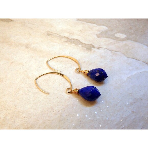 Lapis Lazuli Gold Long Earrings Modern Design Minimalist Handmade Egyptian Stone - Picture 4 of 5